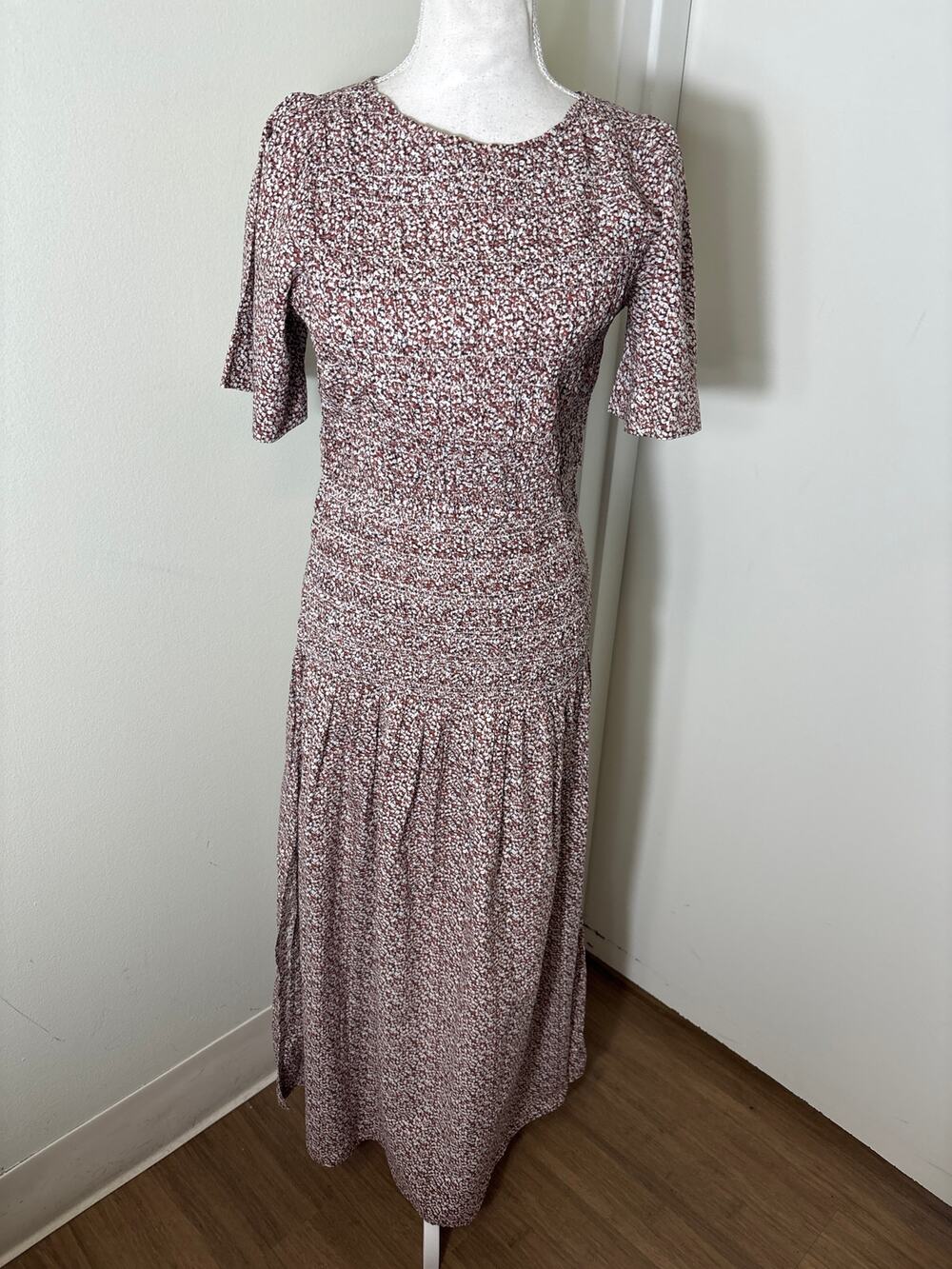 Apiece Apart Brown and White Floral Smocked Bodice Short Sleeve Maxi Dress Sz S